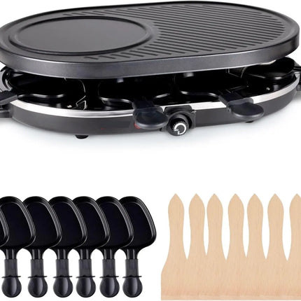 8 Raclette Personen Set Grill rund oval - Tischgrill inkl. Pfännchen & Schaber & Grillplatte & Crepes Funktion mit Steinplatte - RUND