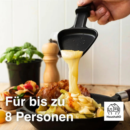 8 Raclette Personen Set Grill rund oval - Tischgrill inkl. Pfännchen & Schaber & Grillplatte & Crepes Funktion mit Steinplatte - RUND