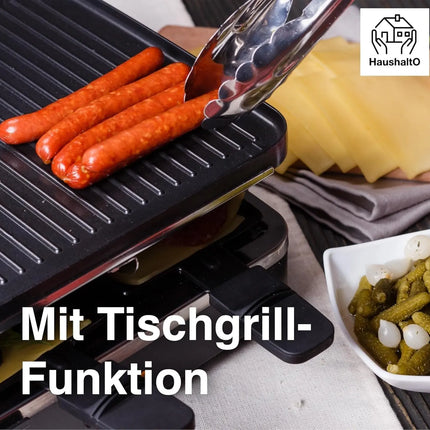 8 Raclette Personen Set Grill rund oval - Tischgrill inkl. Pfännchen & Schaber & Grillplatte & Crepes Funktion mit Steinplatte - RUND