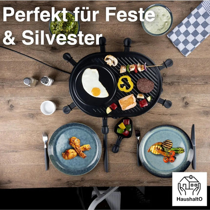8 Raclette Personen Set Grill rund oval - Tischgrill inkl. Pfännchen & Schaber & Grillplatte & Crepes Funktion mit Steinplatte - RUND