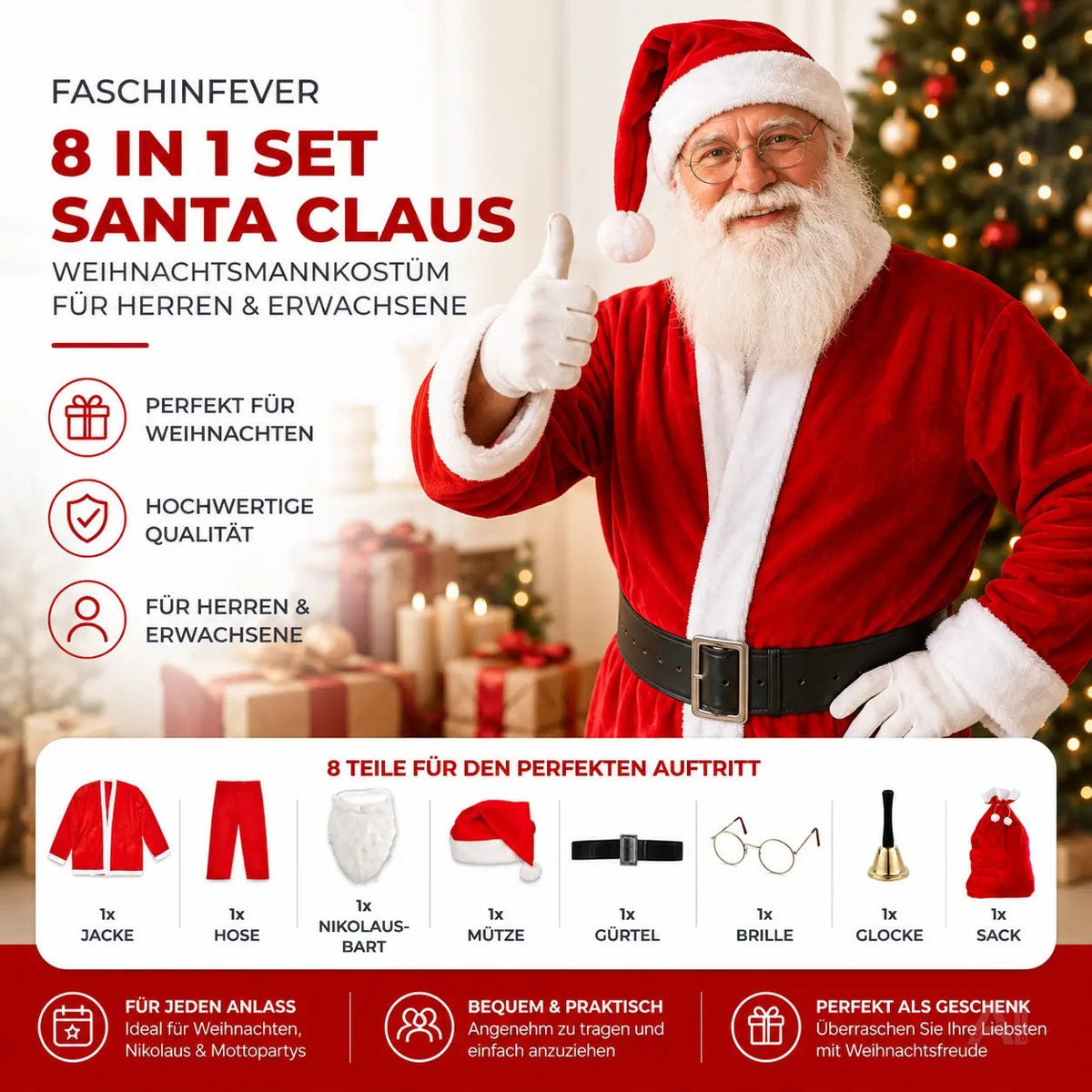 8 in 1 Set Weihnachtsmannkostüm & Nikolauskostüm - Santa Costume – Detailansicht 3