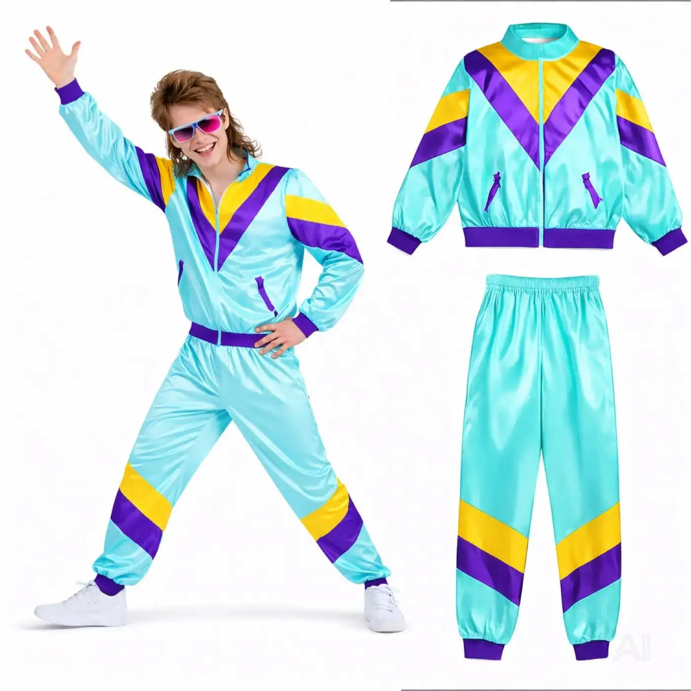 80er 90er Jahre Jogginganzug Overall - Retro Bad Taste Trainingsanzug Outfit - Herren & Damen für Fasching & Karneval (Blau, L/XL)