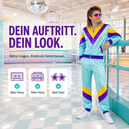 80er 90er Jahre Jogginganzug Overall - Retro Bad Taste Trainingsanzug Outfit - Herren & Damen für Fasching & Karneval (Blau, L/XL)