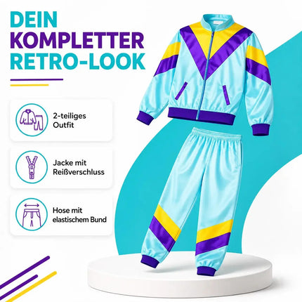 80er 90er Jahre Jogginganzug Overall - Retro Bad Taste Trainingsanzug Outfit - Herren & Damen für Fasching & Karneval (Blau, L/XL)