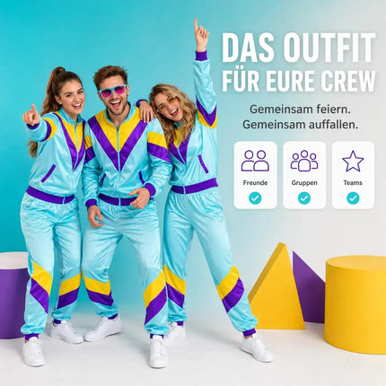 80er 90er Jahre Jogginganzug Overall - Retro Bad Taste Trainingsanzug Outfit - Herren & Damen für Fasching & Karneval (Blau, L/XL)