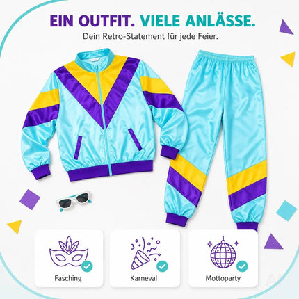 80er 90er Jahre Jogginganzug Overall - Retro Bad Taste Trainingsanzug Outfit - Herren & Damen für Fasching & Karneval (Blau, L/XL)