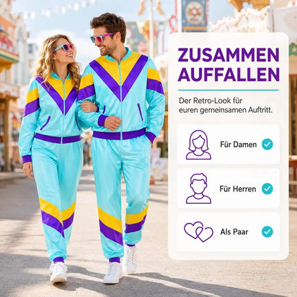 80er 90er Jahre Jogginganzug Overall - Retro Bad Taste Trainingsanzug Outfit - Herren & Damen für Fasching & Karneval (Blau, L/XL)