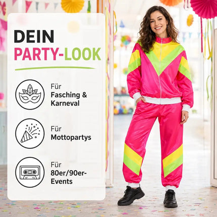 80er 90er Jahre Jogginganzug Overall - Retro Bad Taste Trainingsanzug Outfit - Herren & Damen für Fasching & Karneval (Pink, L/XL)