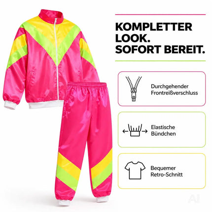 80er 90er Jahre Jogginganzug Overall - Retro Bad Taste Trainingsanzug Outfit - Herren & Damen für Fasching & Karneval (Pink, L/XL)