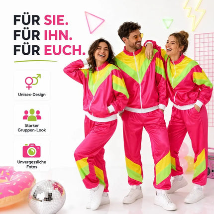 80er 90er Jahre Jogginganzug Overall - Retro Bad Taste Trainingsanzug Outfit - Herren & Damen für Fasching & Karneval (Pink, L/XL)