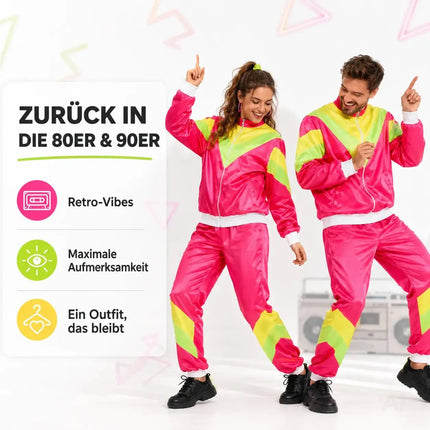 80er 90er Jahre Jogginganzug Overall - Retro Bad Taste Trainingsanzug Outfit - Herren & Damen für Fasching & Karneval (Pink, L/XL)