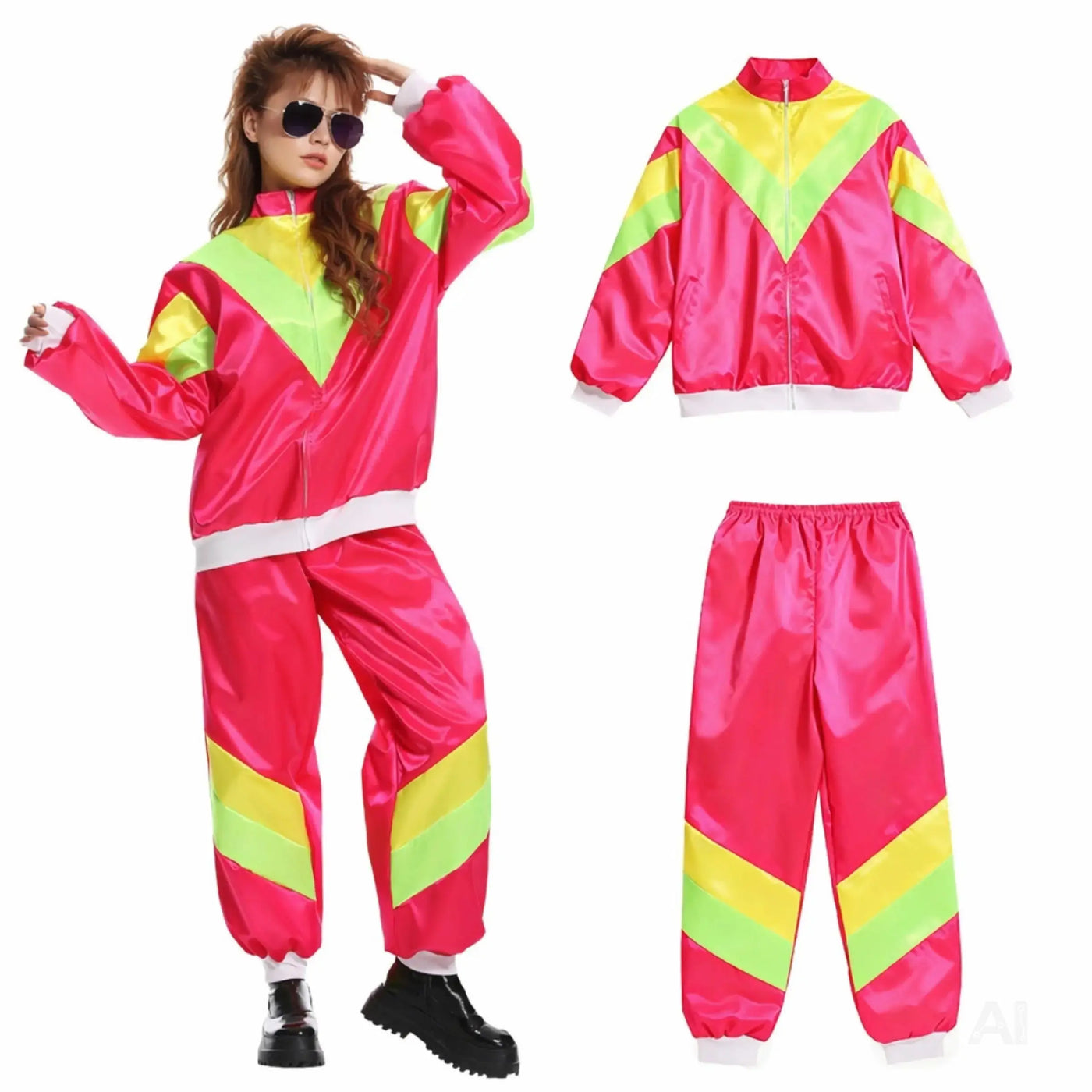 80er 90er Jahre Jogginganzug Overall - Retro Bad Taste Trainingsanzug Outfit - Herren & Damen für Fasching & Karneval (Pink, M/L)