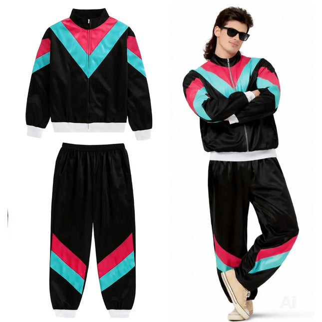 80er-Jahre Retro Overall Kostüm Schwarz im Vintage-Look – Perfektes Kostüm für Fasching & Karneval (L/XL)