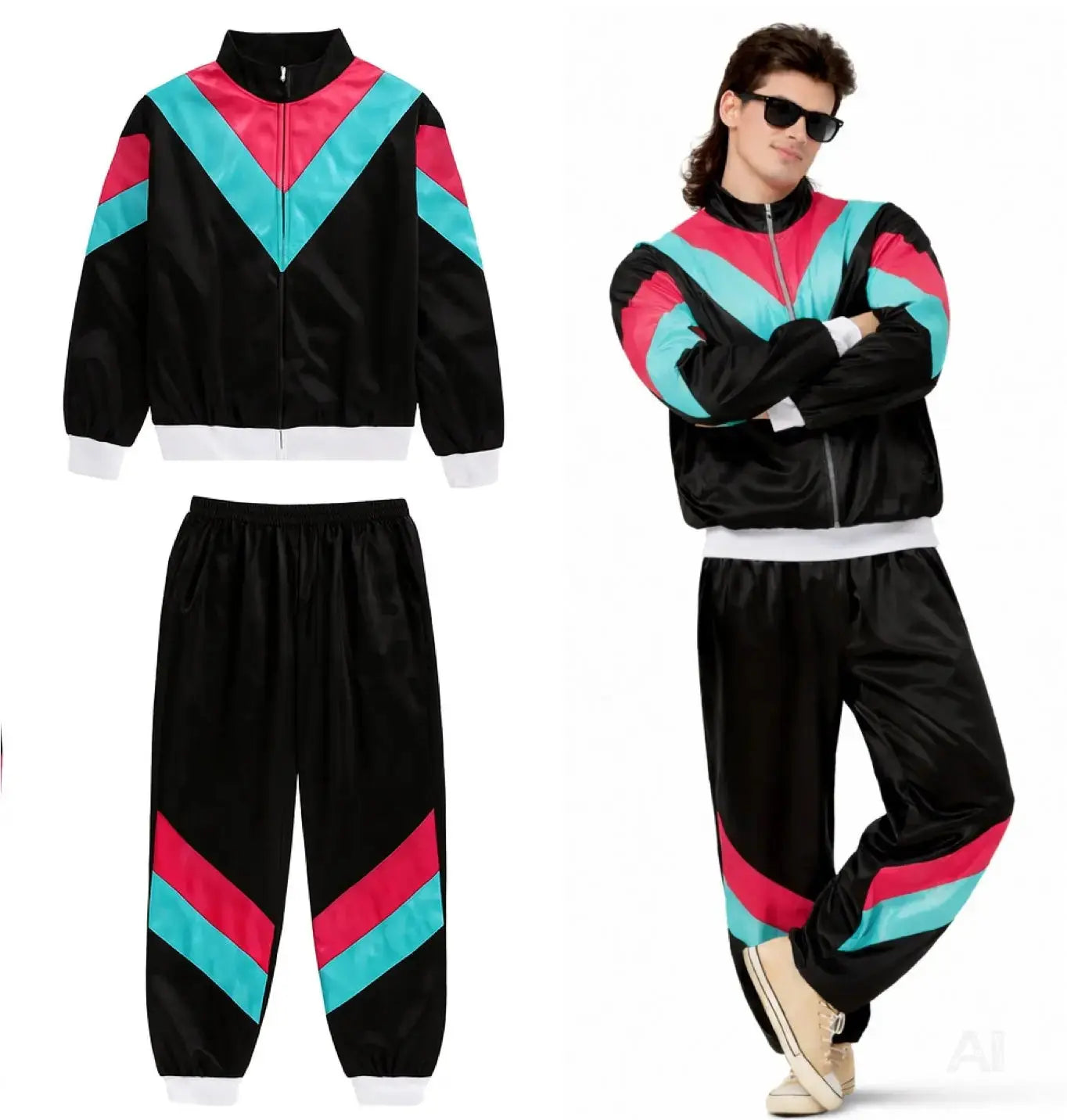 80er 90er Jahre Jogginganzug Overall - Retro Bad Taste Trainingsanzug Outfit - Herren & Damen für Fasching & Karneval (Schwarz, L/XL)