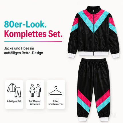 80er 90er Jahre Jogginganzug Overall - Retro Bad Taste Trainingsanzug Outfit - Herren & Damen für Fasching & Karneval (Schwarz, L/XL)