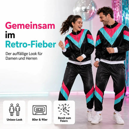80er 90er Jahre Jogginganzug Overall - Retro Bad Taste Trainingsanzug Outfit - Herren & Damen für Fasching & Karneval (Schwarz, L/XL)