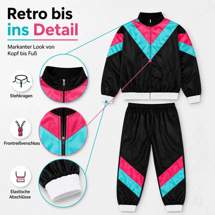 80er 90er Jahre Jogginganzug Overall - Retro Bad Taste Trainingsanzug Outfit - Herren & Damen für Fasching & Karneval (Schwarz, L/XL)