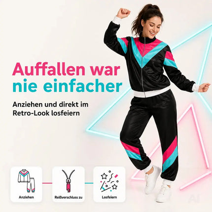 80er 90er Jahre Jogginganzug Overall - Retro Bad Taste Trainingsanzug Outfit - Herren & Damen für Fasching & Karneval (Schwarz, L/XL)