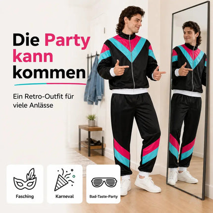 80er 90er Jahre Jogginganzug Overall - Retro Bad Taste Trainingsanzug Outfit - Herren & Damen für Fasching & Karneval (Schwarz, L/XL)