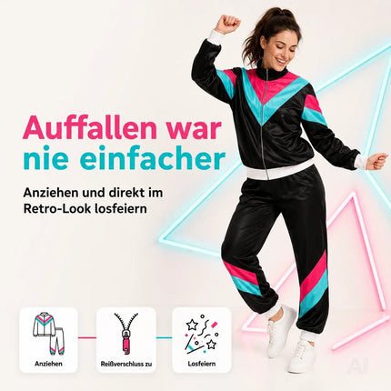 80er 90er Jahre Jogginganzug Overall - Retro Bad Taste Trainingsanzug Outfit - Herren & Damen für Fasching & Karneval (Schwarz, M/L)