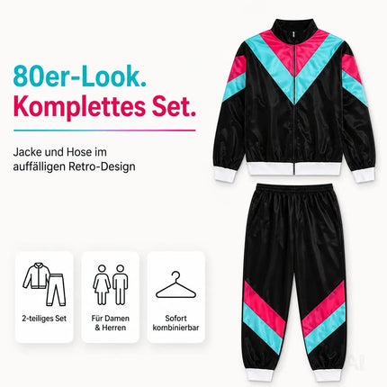 80er 90er Jahre Jogginganzug Overall - Retro Bad Taste Trainingsanzug Outfit - Herren & Damen für Fasching & Karneval (Schwarz, M/L)