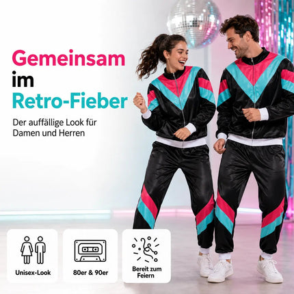 80er 90er Jahre Jogginganzug Overall - Retro Bad Taste Trainingsanzug Outfit - Herren & Damen für Fasching & Karneval (Schwarz, M/L)