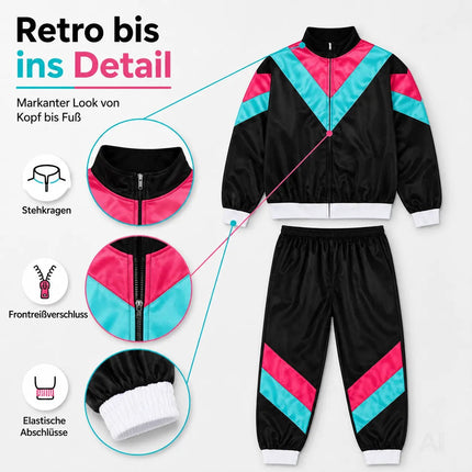 80er 90er Jahre Jogginganzug Overall - Retro Bad Taste Trainingsanzug Outfit - Herren & Damen für Fasching & Karneval (Schwarz, M/L)