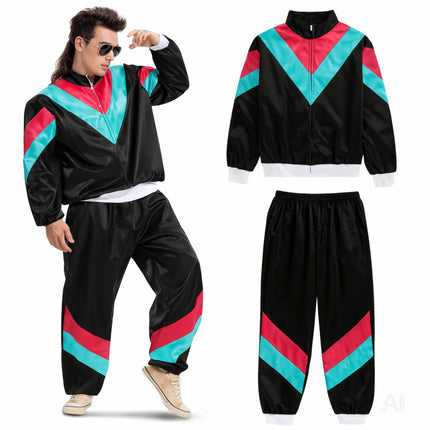 80er-Jahre Retro Kostüm Overall Schwarz – Vintage Look Kostüm für Fasching & Karneval (M/L)