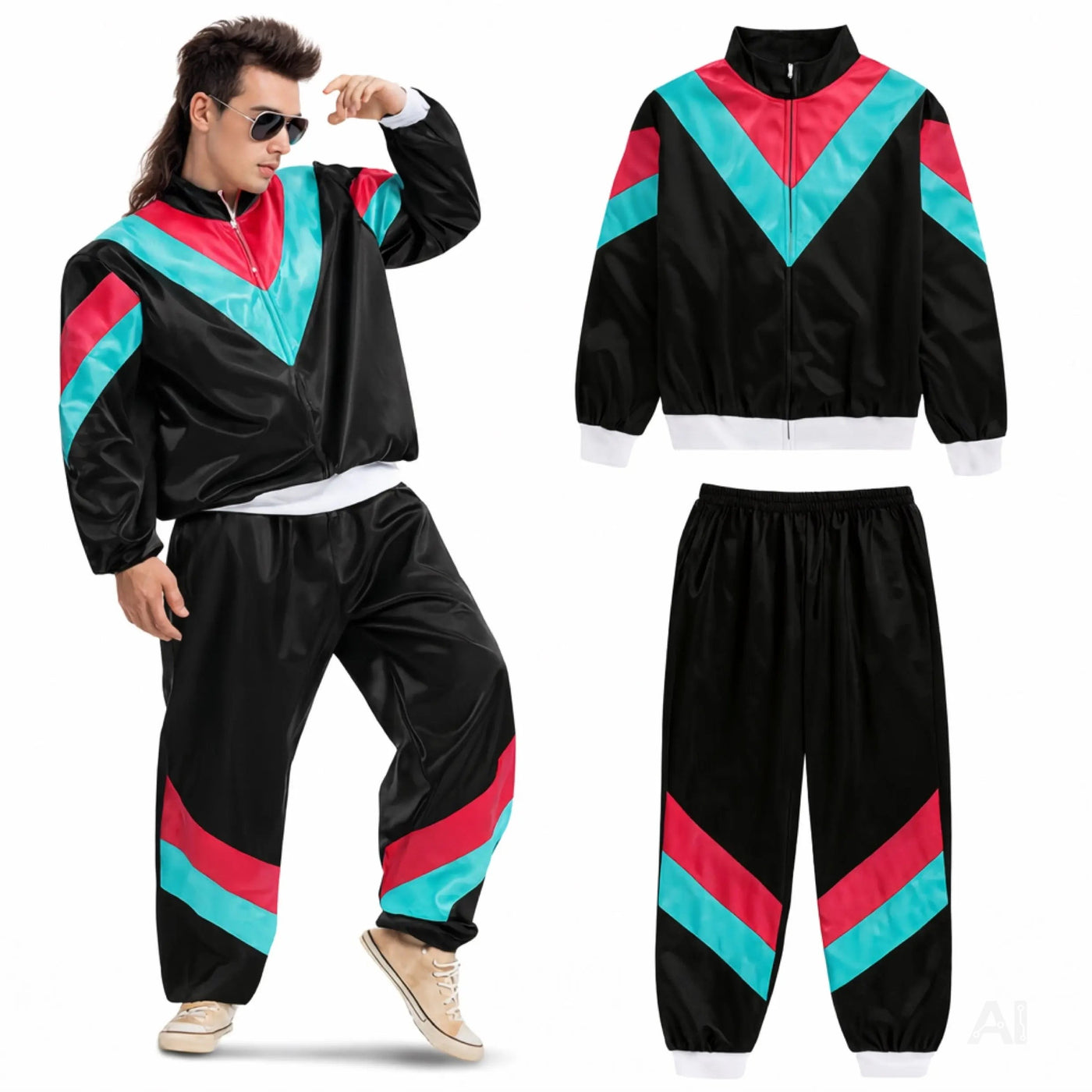 80er 90er Jahre Jogginganzug Overall - Retro Bad Taste Trainingsanzug Outfit - Herren & Damen für Fasching & Karneval (Schwarz, M/L)