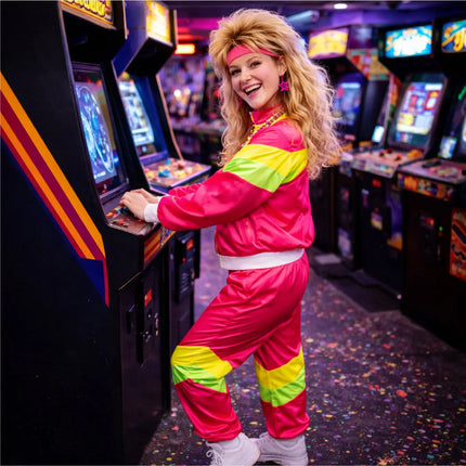 80er-Jahre Retro Overall Kostüm Pink im Vintage-Look – Perfektes Kostüm für Fasching & Karneval (L/XL)