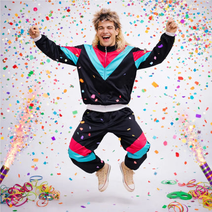80er-Jahre Retro Overall Kostüm Schwarz im Vintage-Look – Perfektes Kostüm für Fasching & Karneval (L/XL)