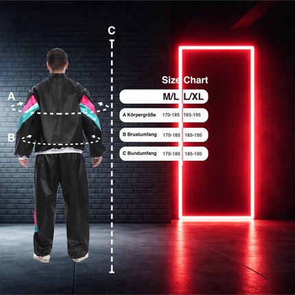 80er-Jahre Retro Overall Kostüm Schwarz im Vintage-Look – Perfektes Kostüm für Fasching & Karneval (L/XL)