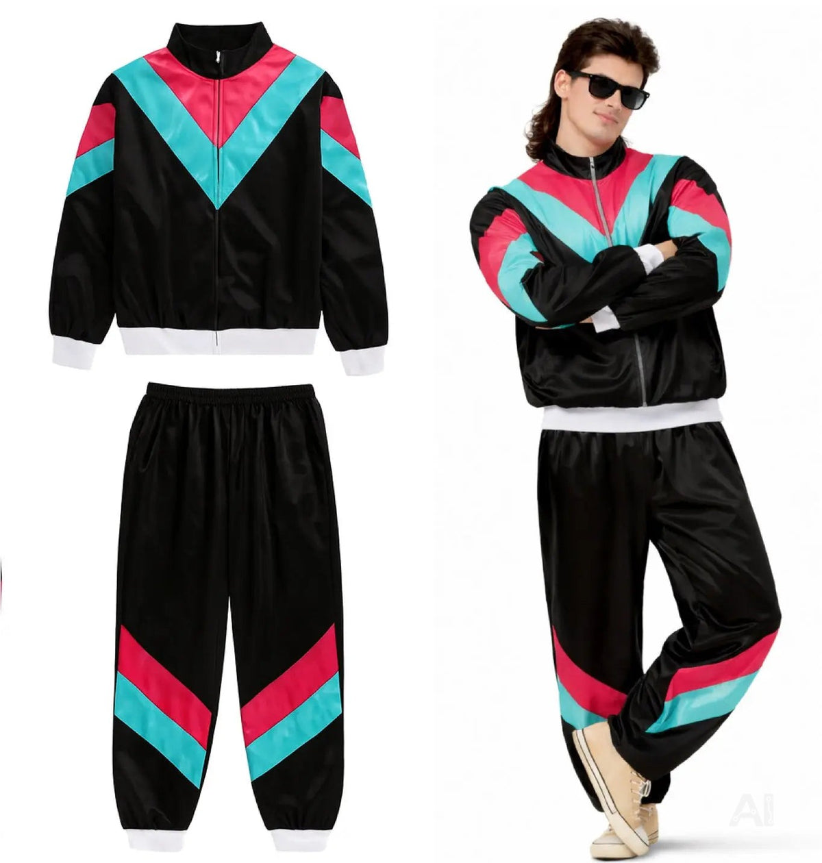 80er 90er Jahre Jogginganzug Overall - Retro Bad Taste Trainingsanzug Outfit - Herren & Damen für Fasching & Karneval (Schwarz, M/L)