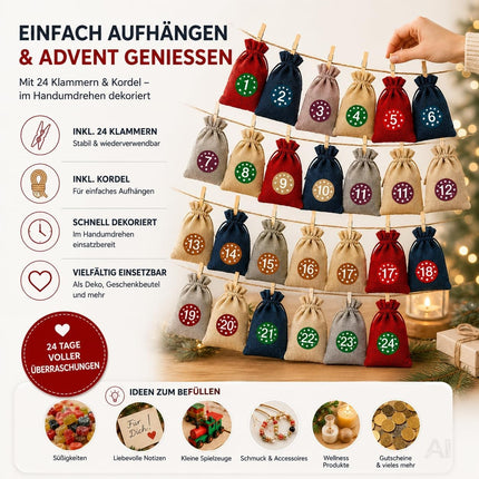 Adventskalender mit 24 Säckchen Modell 3 in Rot, Blau, Grau und Naturfarben – Produktmotiv 2