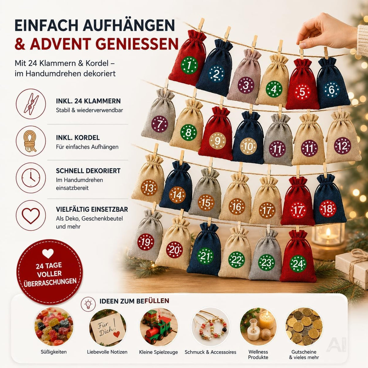 Adventskalender mit 24 Säckchen Modell 3 in Rot, Blau, Grau und Naturfarben – Produktmotiv 2