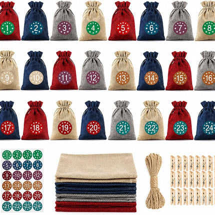 Adventskalender mit 24 Säckchen Modell 3 in Rot, Blau, Grau und Naturfarben – Setübersicht