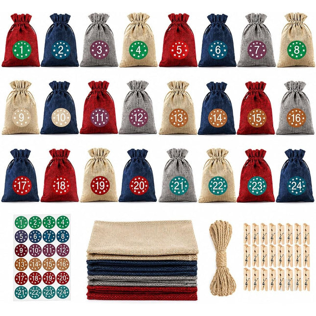 Adventskalender mit 24 Säckchen Modell 3 in Rot, Blau, Grau und Naturfarben – Setübersicht