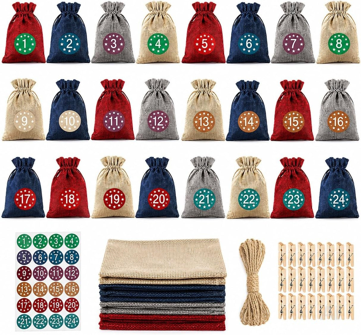 Adventskalender zum Befüllen – 24 Säckchen Modell 3 mit Zahlenaufklebern 1–24 und Klammern, DIY-Weihnachtskalender zum Basteln und Verschenken, Stoffbeutel mit Kordelzug für kleine Überraschungen