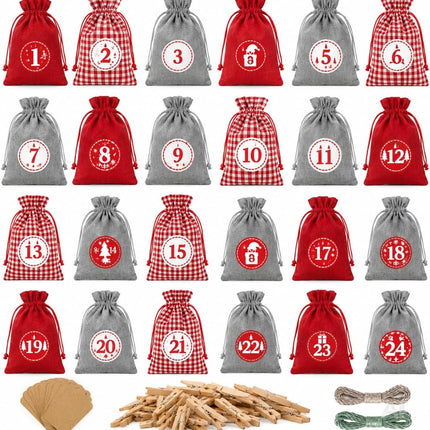 Adventskalender mit 24 Säckchen Modell 1 in Rot, Grau und Rot-Weiß kariert – Setübersicht