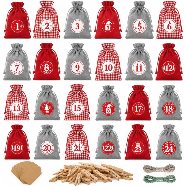 Adventskalender mit 24 Säckchen Modell 1 in Rot, Grau und Rot-Weiß kariert – Setübersicht