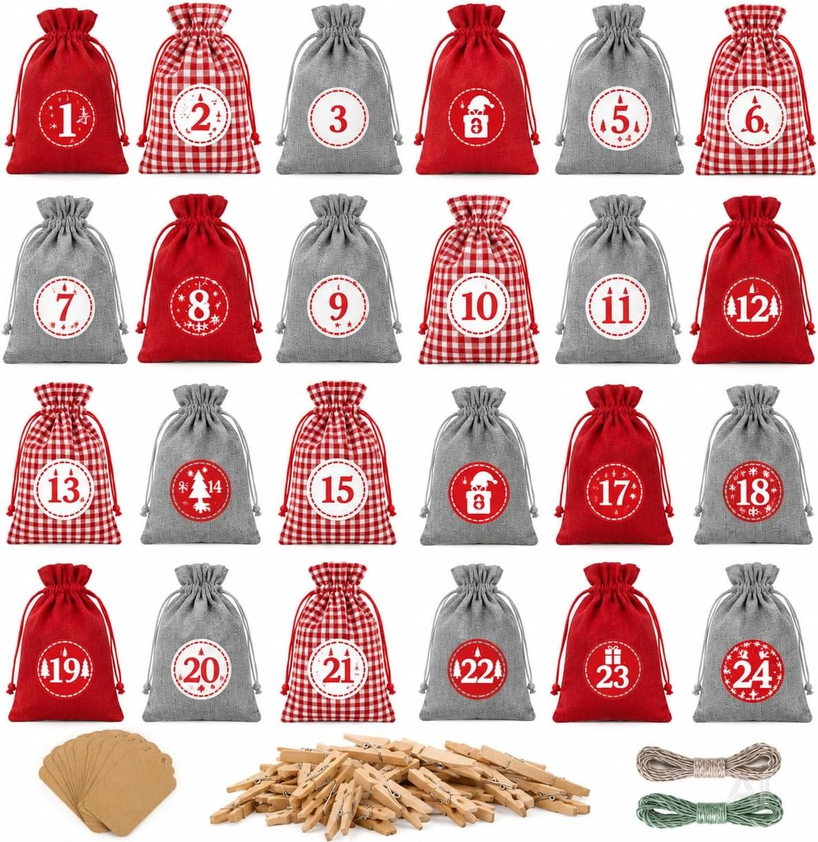 Adventskalender zum Befüllen – 24 Säckchen Modell 1 mit Zahlenaufklebern 1–24 und Klammern, DIY-Weihnachtskalender zum Basteln und Verschenken, Stoffbeutel mit Kordelzug für kleine Überraschungen