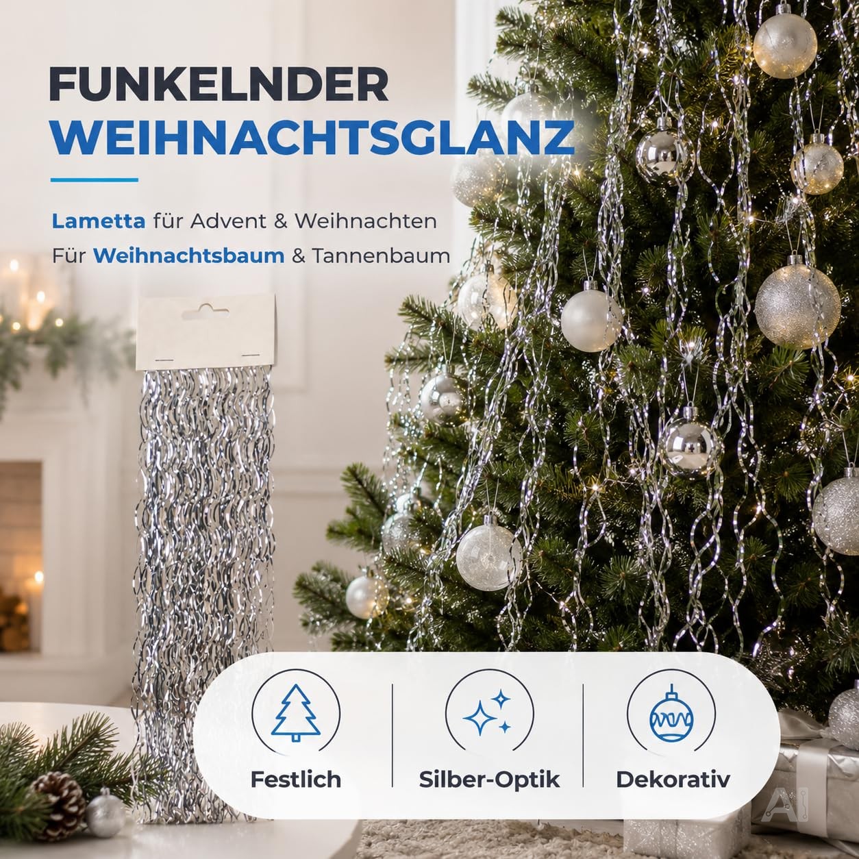 Weihnachtswunder® Lametta in Silber – Weihnachtsdeko