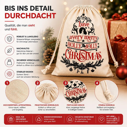 Vier Weihnachts-Geschenksäcke Modell 2 in natürlicher Optik mit Kordelzug – Produktmotiv 8