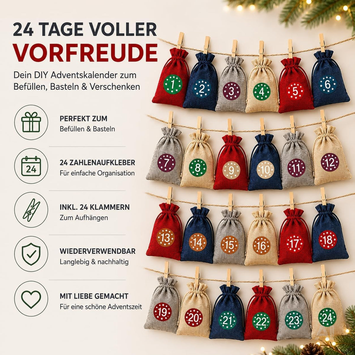 Adventskalender mit 24 Säckchen Modell 3 in Rot, Blau, Grau und Naturfarben – Produktmotiv 6