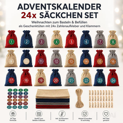 Adventskalender mit 24 Säckchen Modell 3 in Rot, Blau, Grau und Naturfarben – Produktmotiv 7