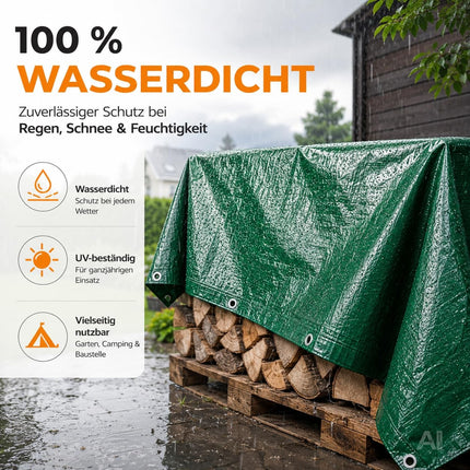 Grüne Abdeckplane mit Ösen – Nahaufnahme mit Wassertropfen