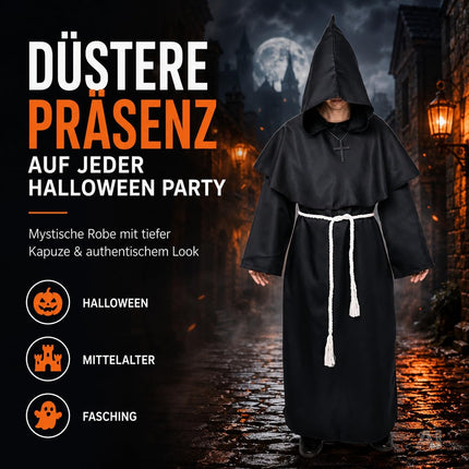 Schwarze Mönch Robe Erwachsene – Halloween Kostüm mit Kapuze