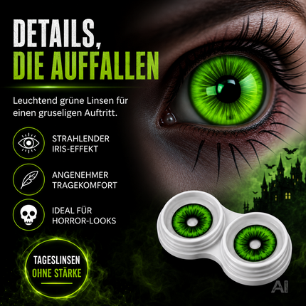 Grün Farbige & Geprüfte Kontaktlinsen - Grußlige Tageslinsen für Halloween & Fasching - ohne Stärke - Vampir & Dracula (Grün, 1 Paar / 2 Stück)