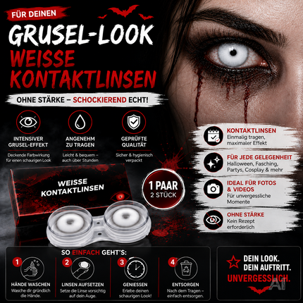 Weiße Farbige & Geprüfte Kontaktlinsen - Gruselige Tageslinsen für Halloween & Fasching - ohne Stärke - Vampir & Dracula (weiß, 1 Paar / 2 Stück)