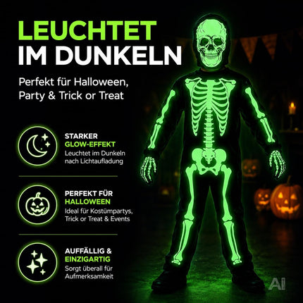 Kinder Skelett Kostüm – Halloween Verkleidung mit Leuchteffekt